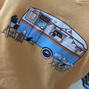 Strijkapplicatie Caravan blauw
